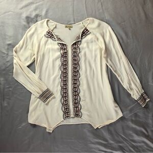 Democracy Cream Embroidered Blouse with Smocked Sleeves Size Small Peasant Boho